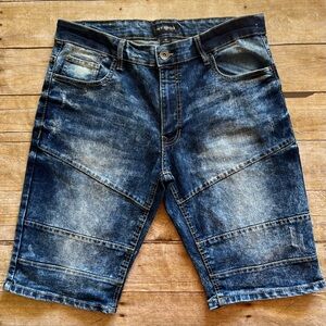 WT02 Southpole Mens Blue Acid Wash‎ Moto Denim Shorts Size 32 RN 82628